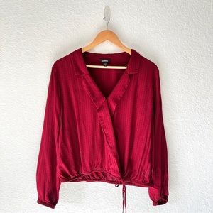 Express Burgundy Collared Open V-Neck Tie Waist Blouse Size Large